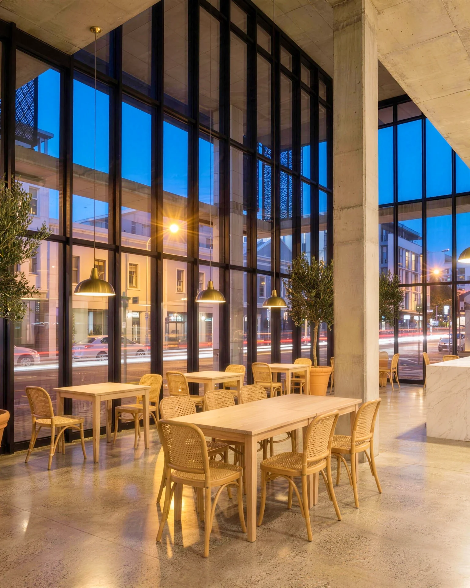 The ground-floor café on Bree Street at dusk, marble counter and oak tables behind tall shopfront glass