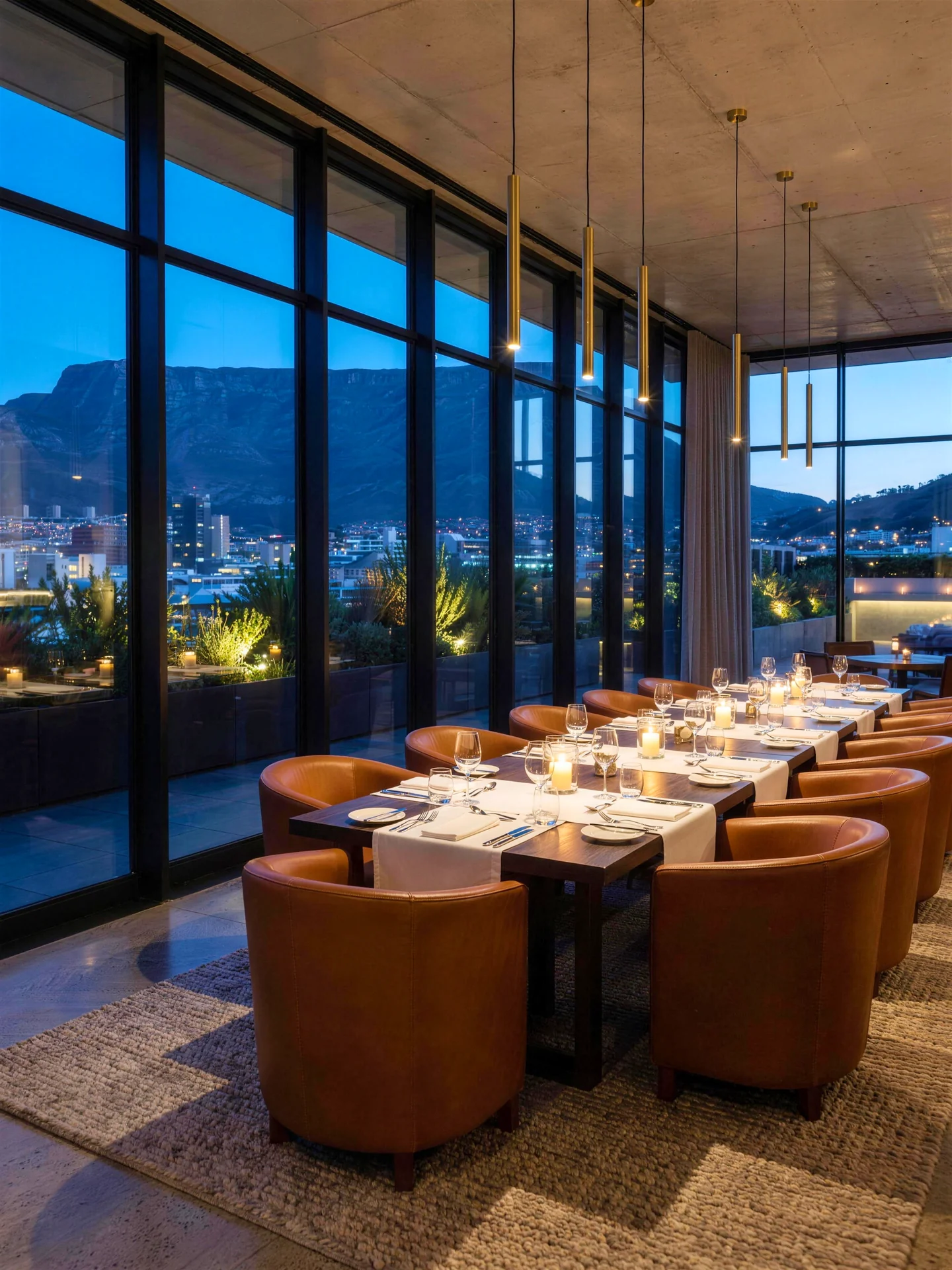 The hotel restaurant at blue hour: a long candlelit table beside the glass, the terrace and Table Mountain beyond