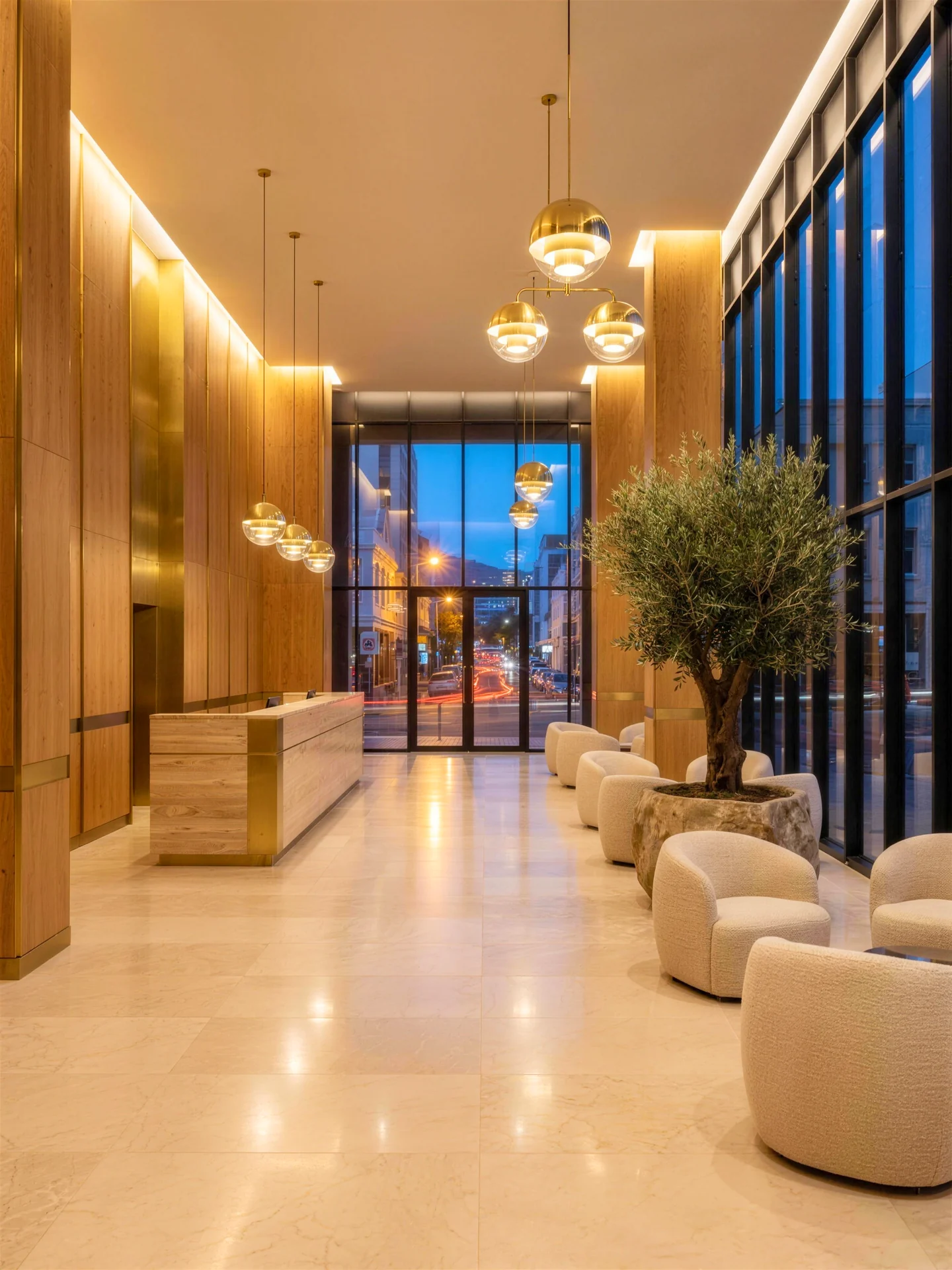 The double-height hotel lobby at dusk: limestone floor, a travertine desk and oak walls, Bree Street glowing through the glass