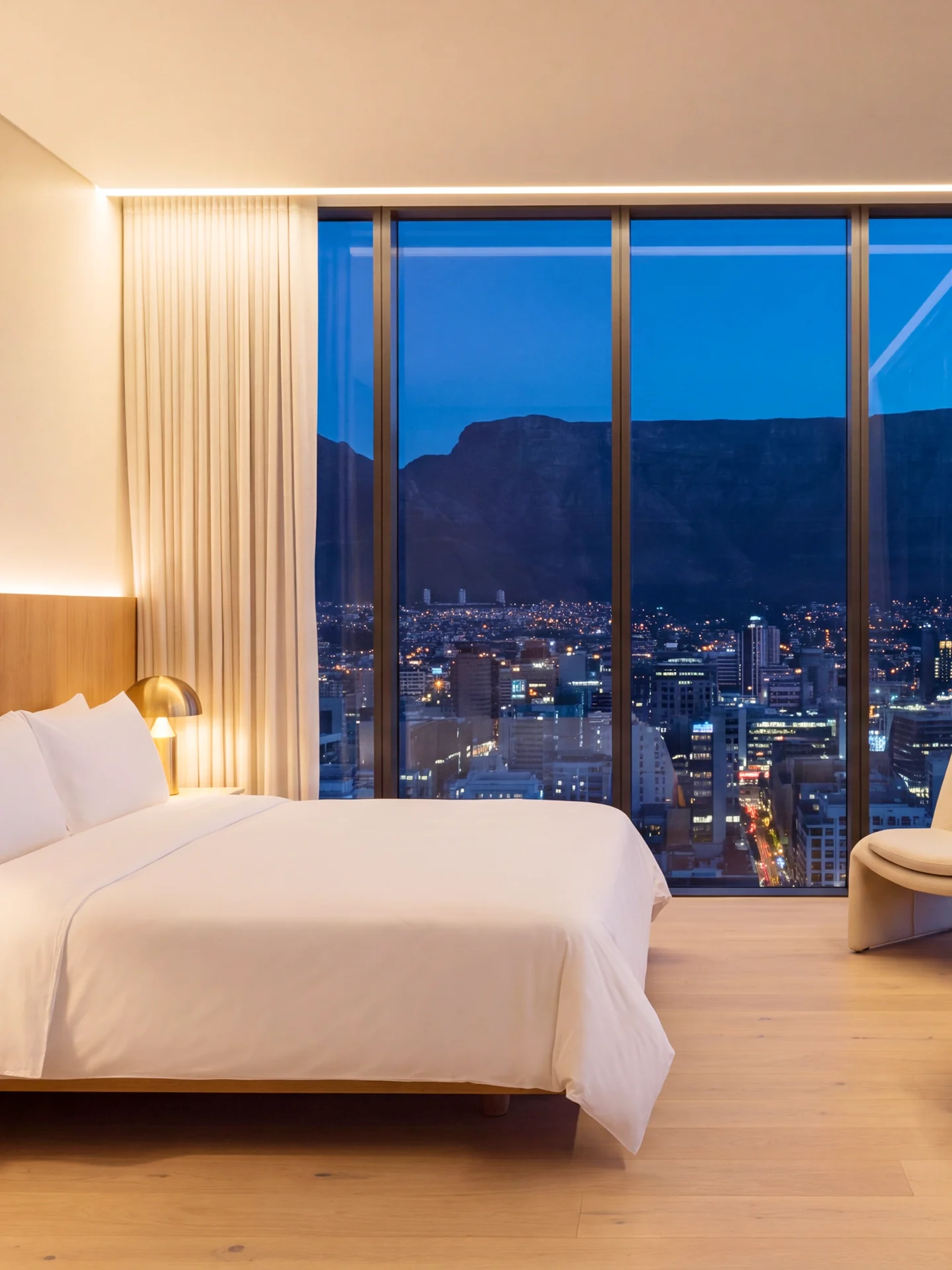 A hotel suite high in the tower at blue hour, the bed facing floor-to-ceiling windows and Table Mountain
