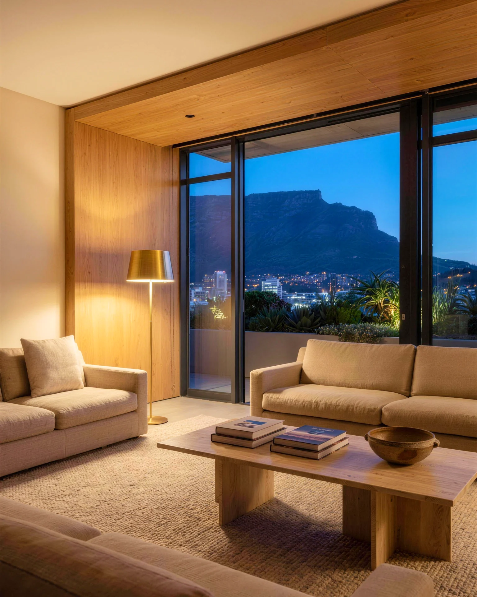 A residence living room at blue hour, a planted terrace and Table Mountain beyond the glass